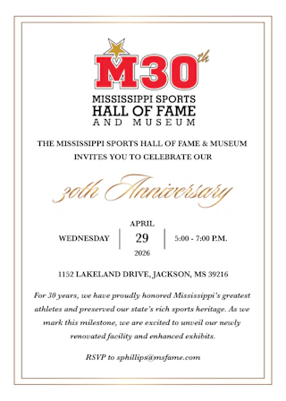 Mississippi Sports Hall of Fame 30th Anniversary Celebration invitation featuring gold and red M30 logo, event details, and RSVP information.