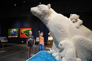 LEGO polar bears with children pointing in background